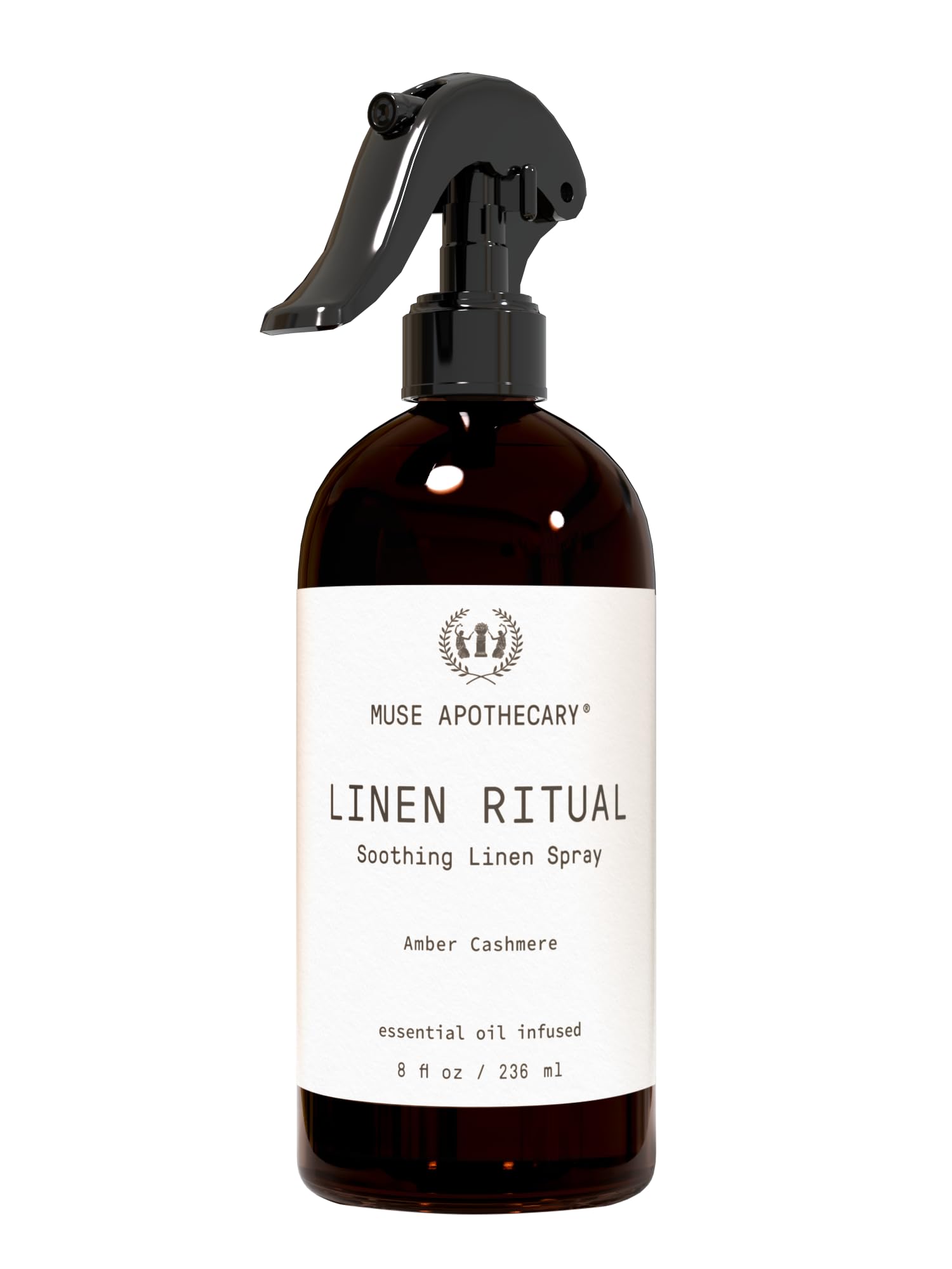 Muse Apothecary Linen Ritual bottle pour showcasing amber cashmere scent for soothing fabrics