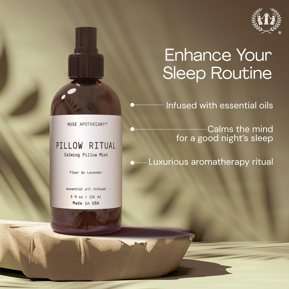 Muse Apothecary Pillow Ritual on pillow refreshes linens with tranquil fragrance