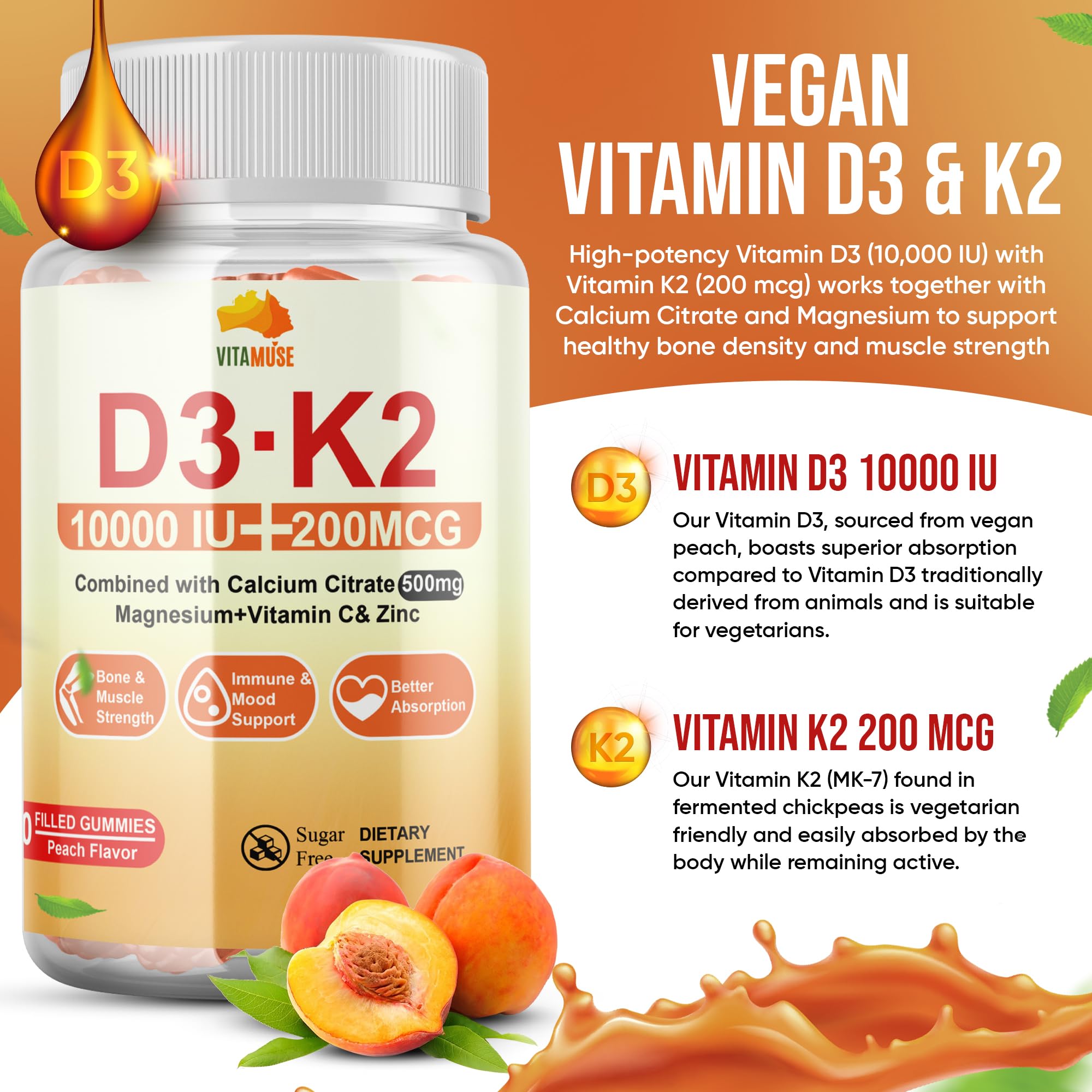 Muse Celtic Minerals D3+K2 gummies in peach flavor for convenient daily use.