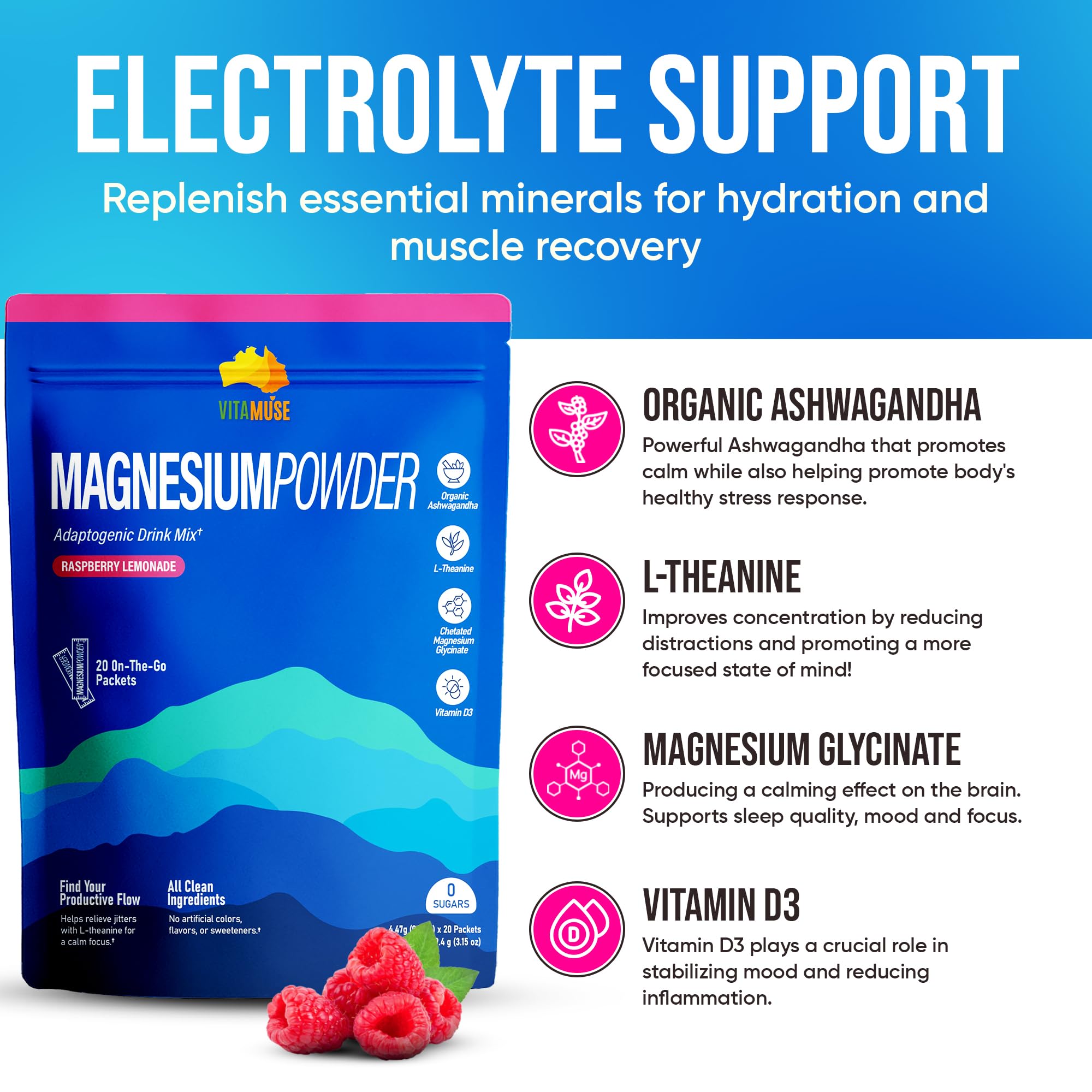 Vitamuse powder stirred in a glass to show smooth mixing and on-the-go hydration.