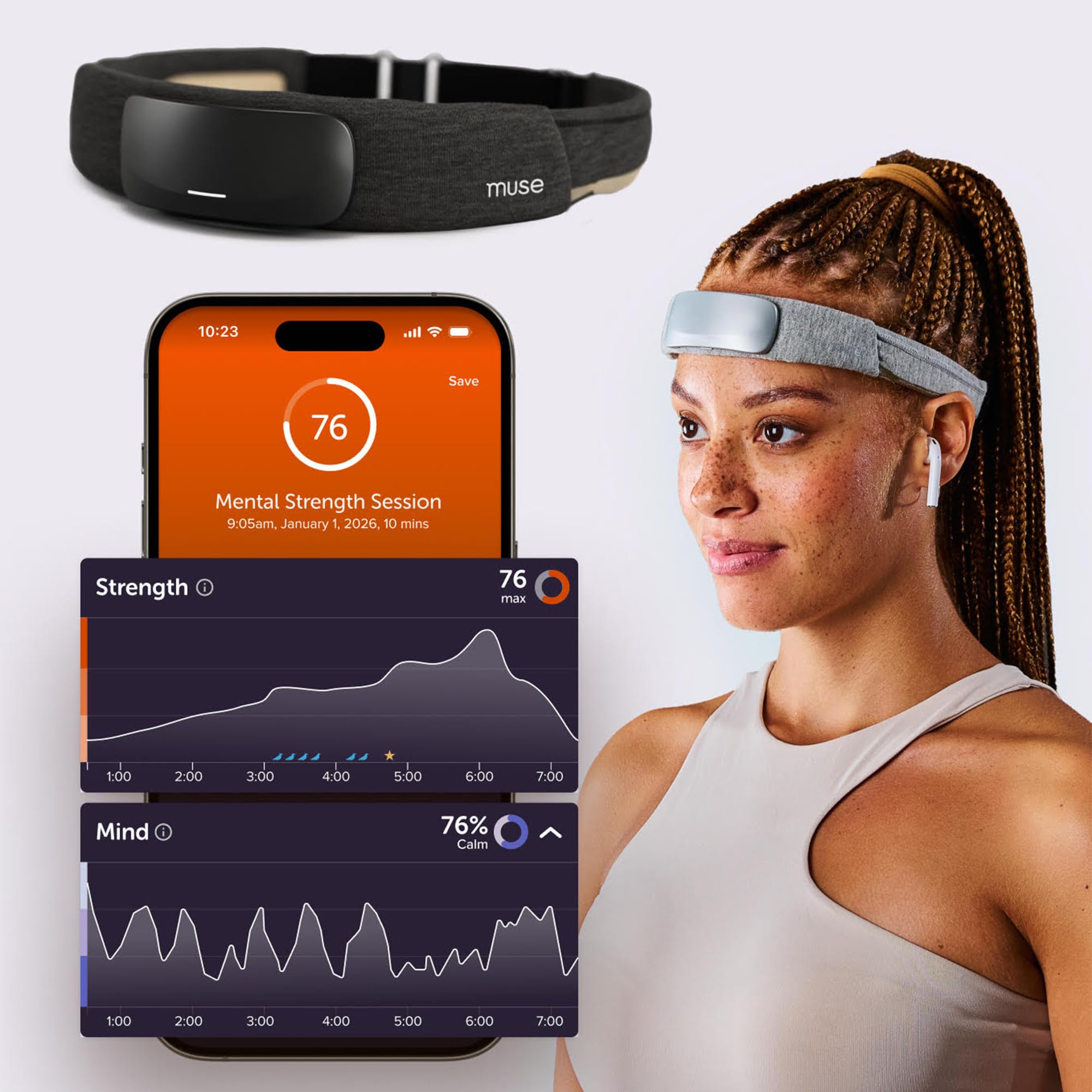 Muse S Athena brain-sensing headband close-up offering real-time meditation feedback.