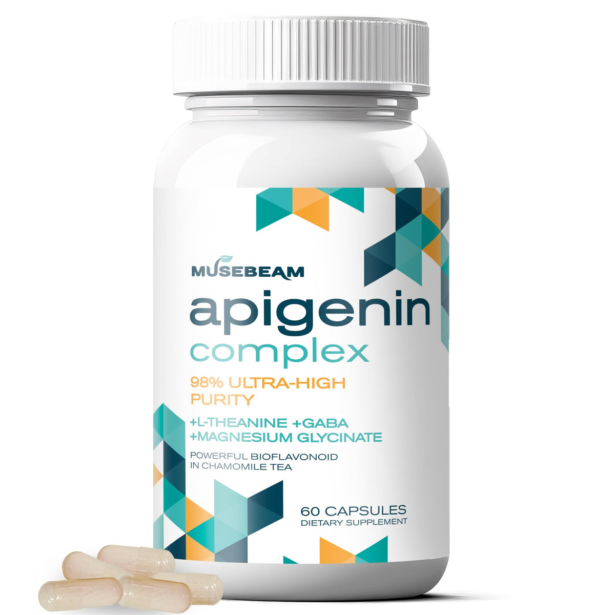 Musebeam Apigenin supplement bottle close-up showing 60 capsules for relaxation support.