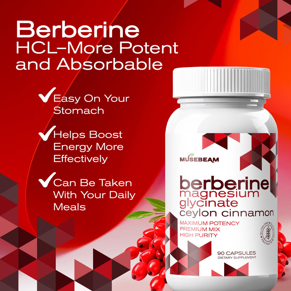 MuseBeam berberine-hcl bottle close-up highlighting high-purity capsules for daily use.