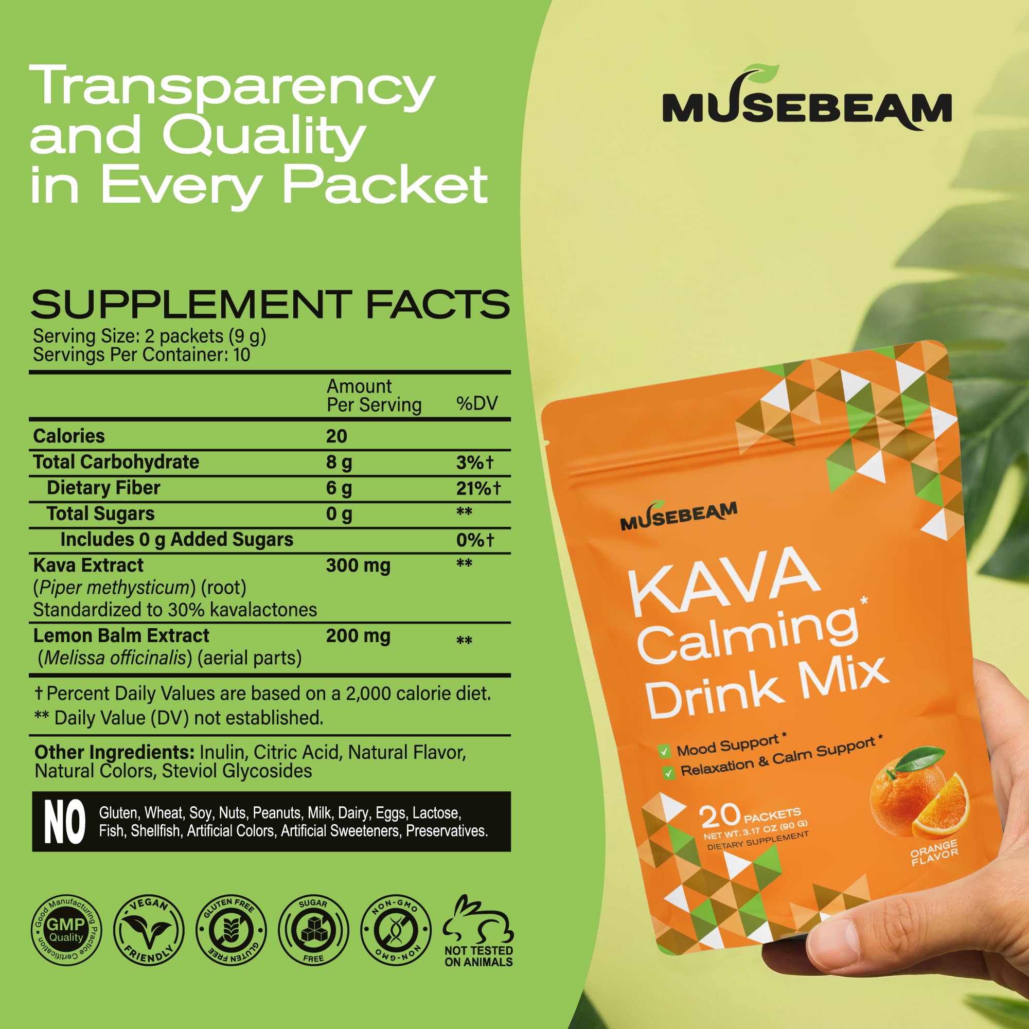 Prepared MuseBeam KAVA Calming Drink Mix in a glass with refreshing orange flavor.