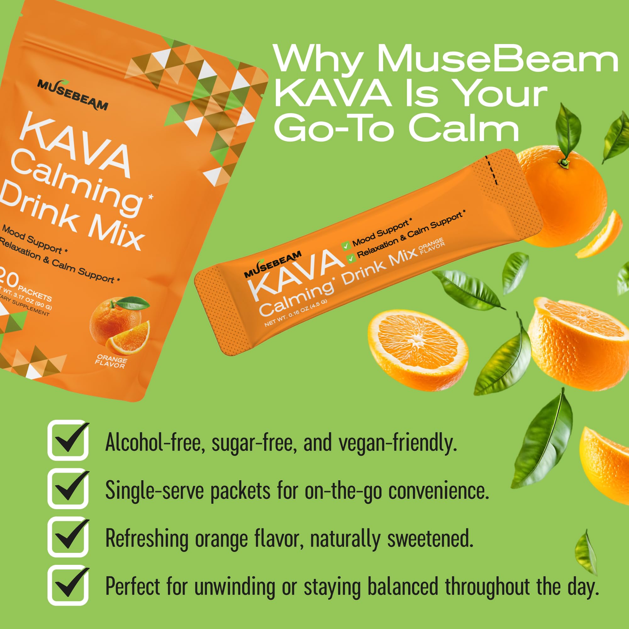 MuseBeam KAVA Calming Drink Mix gluten-free icon signals dietary suitability.