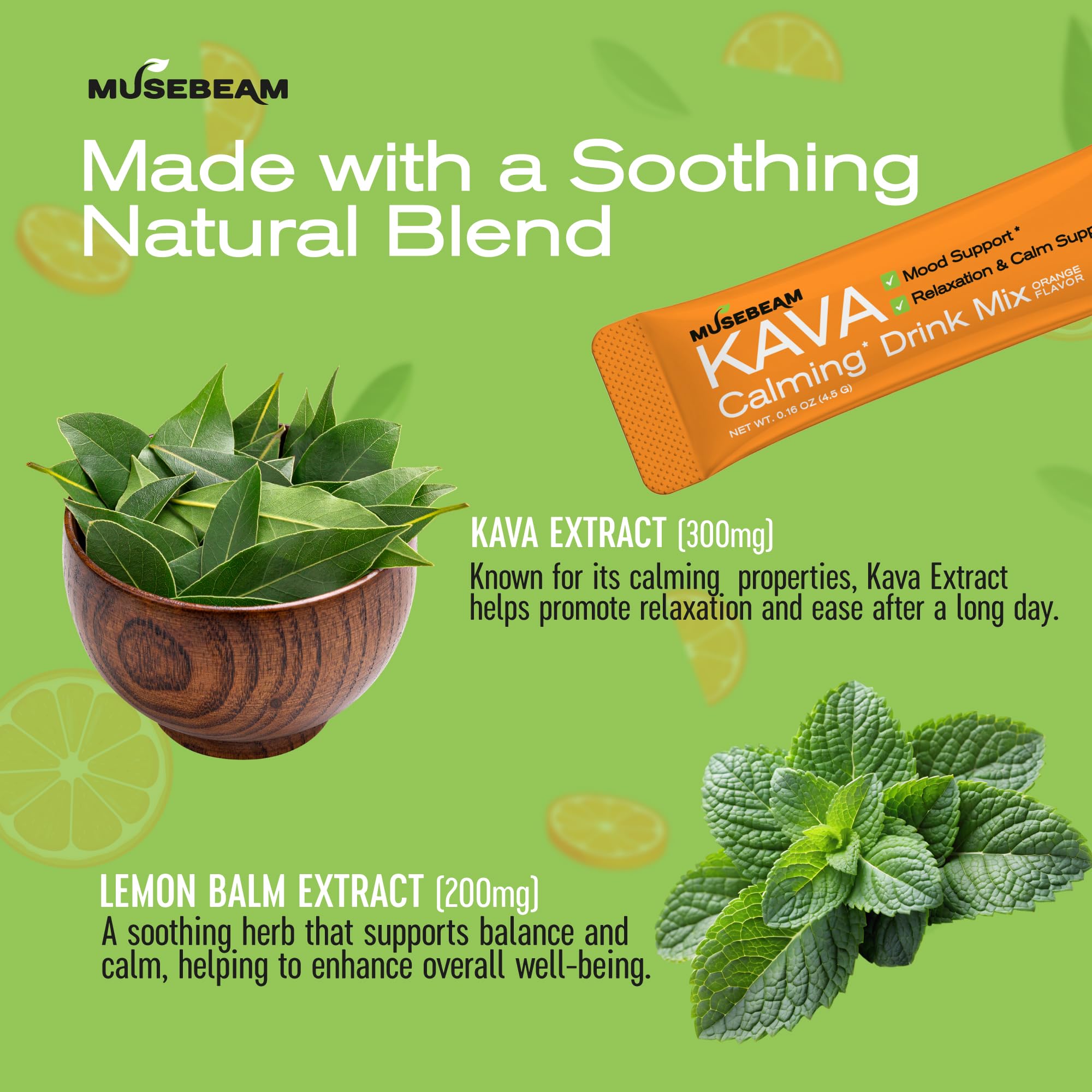 MuseBeam KAVA Calming Drink Mix ingredients list shows kava and lemon balm blend.