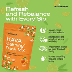 MuseBeam KAVA Calming Drink Mix orange-flavored powder ready to mix.