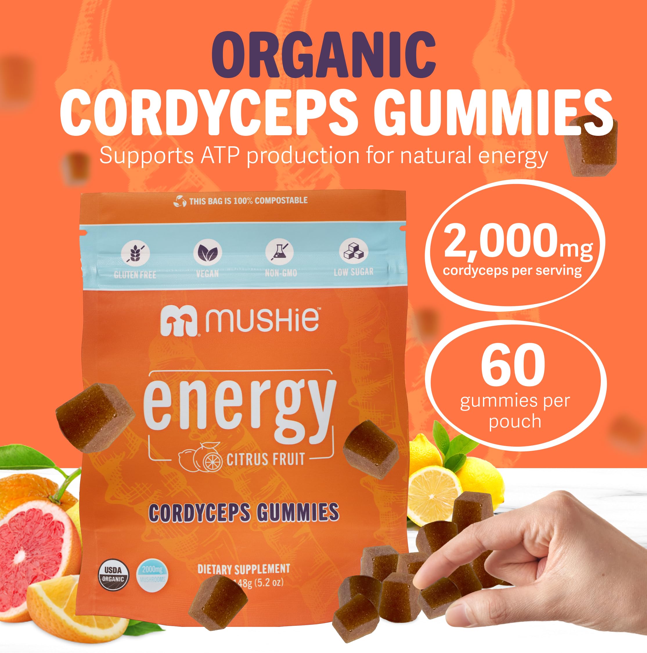 Mushie gummies closeup highlights real fruit flavors and chewy texture.