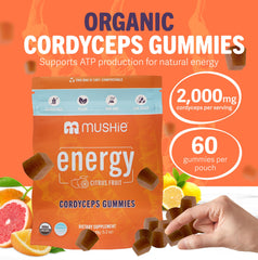 Mushie gummies closeup highlights real fruit flavors and chewy texture.
