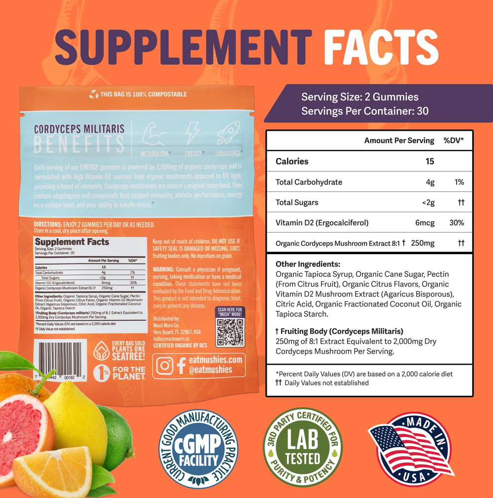 Mushie gummies show vegan and gluten-free labeling.