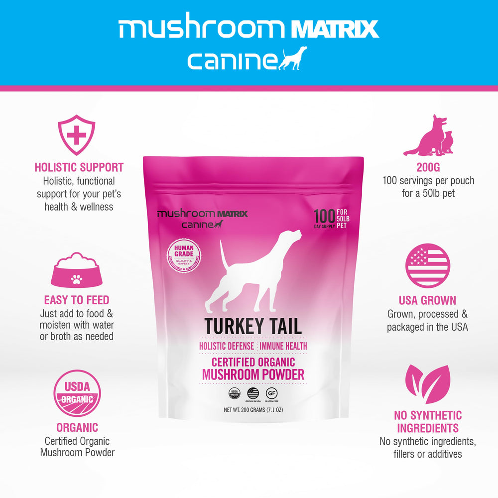 Mushroom Matrix Turkey Tail organic powder packaging with certified mushrooms.