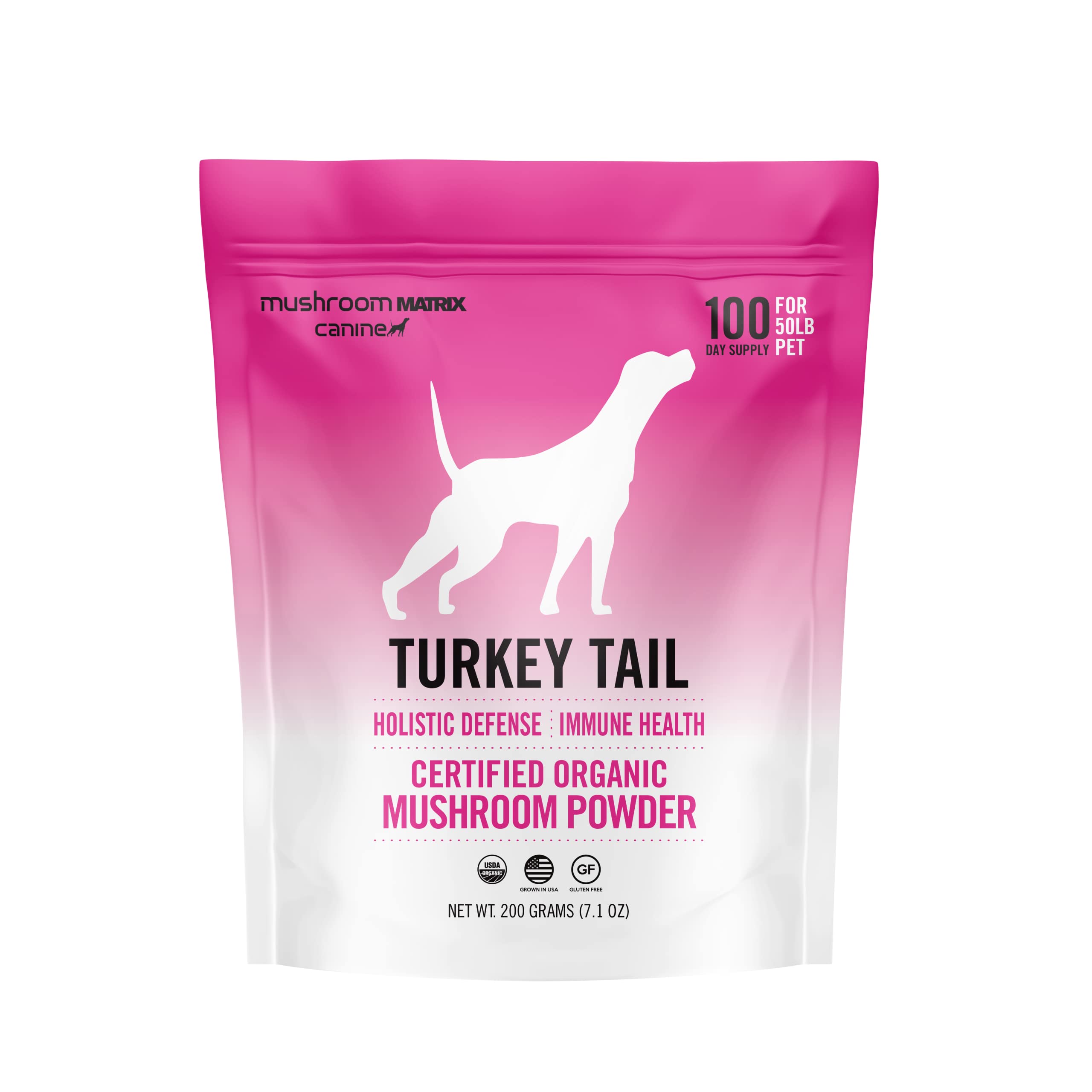 Mushroom Matrix Turkey Tail powder in a dog bowl, supporting immune health.