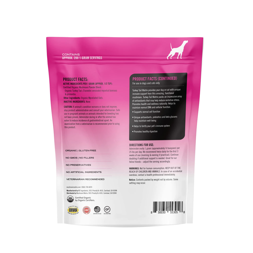 Mushroom Matrix Turkey Tail powder with scoop for easy pet meals.
