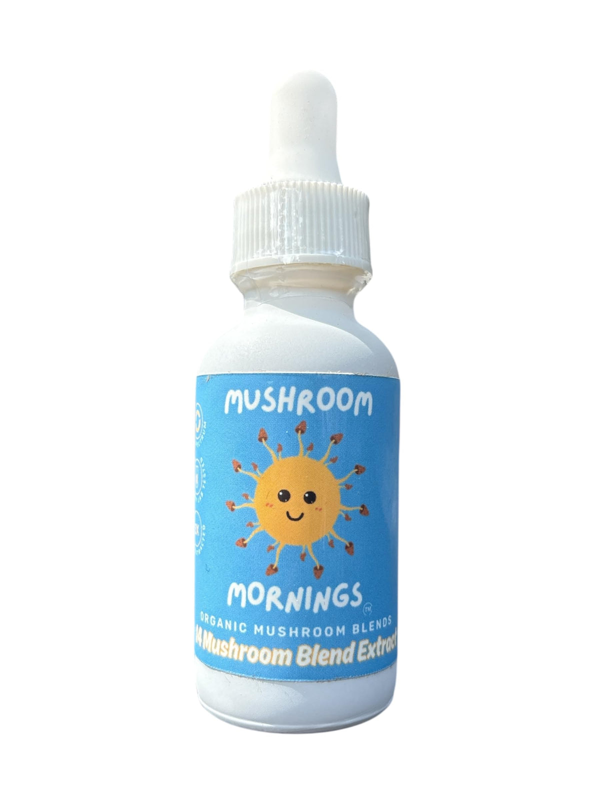 Mushroom Mornings Extract bottle front showing organic vitality for daily use.