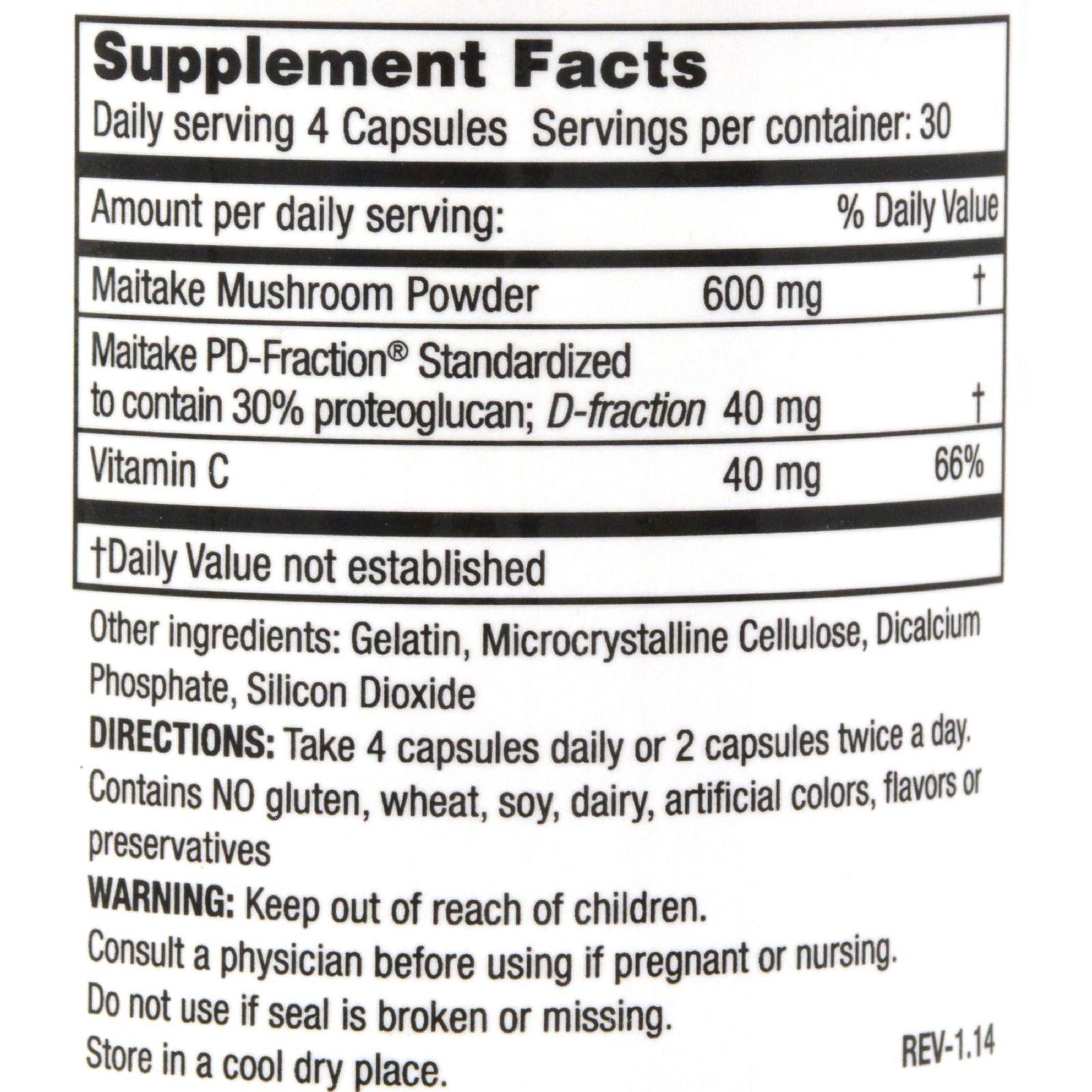 Grifron Maitake D-Fraction capsules show 600 mg maitake powder per serving for consistent dosing.