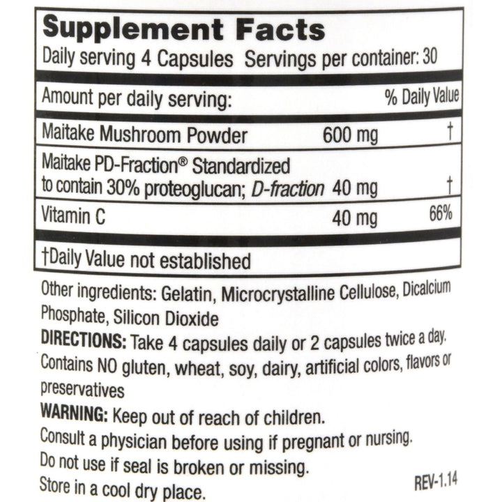 Grifron Maitake D-Fraction capsules show 600 mg maitake powder per serving for consistent dosing.