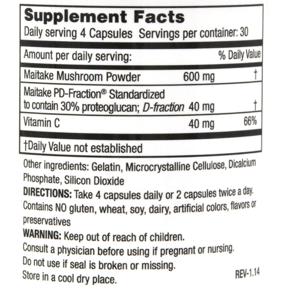 Grifron Maitake D-Fraction capsules show 600 mg maitake powder per serving for consistent dosing.