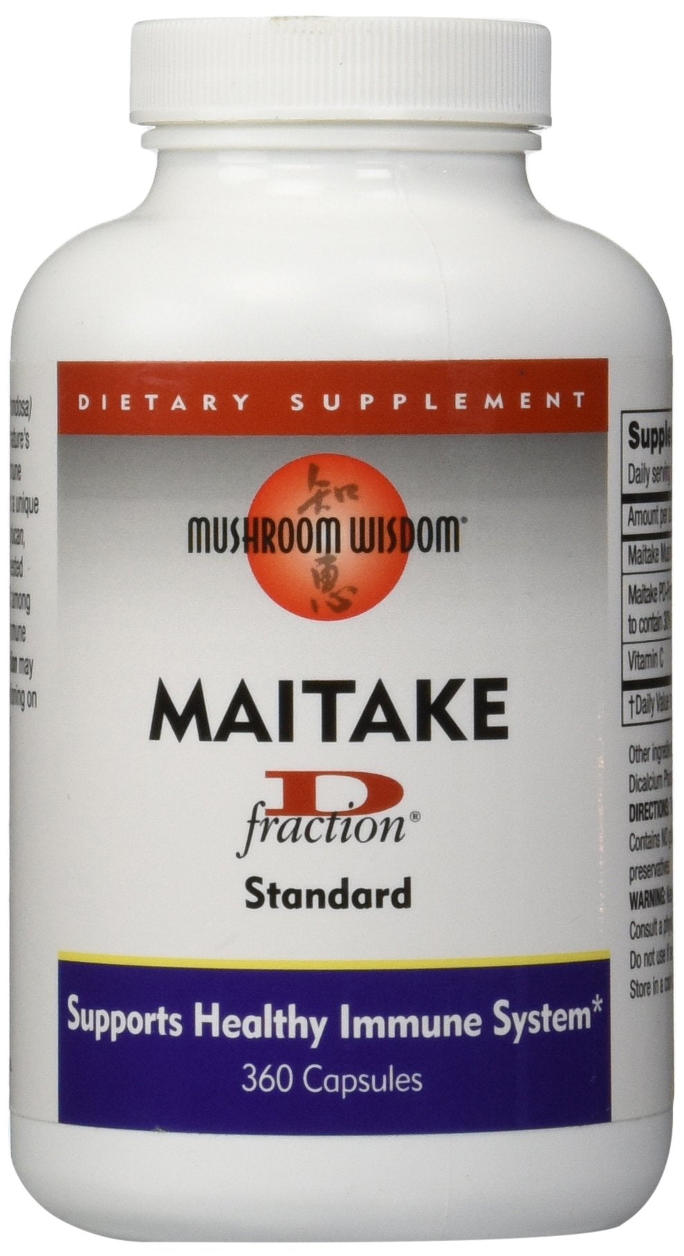 Mushroom Wisdom Maitake D-Fraction 360 capsules bottle showing the immune support potential