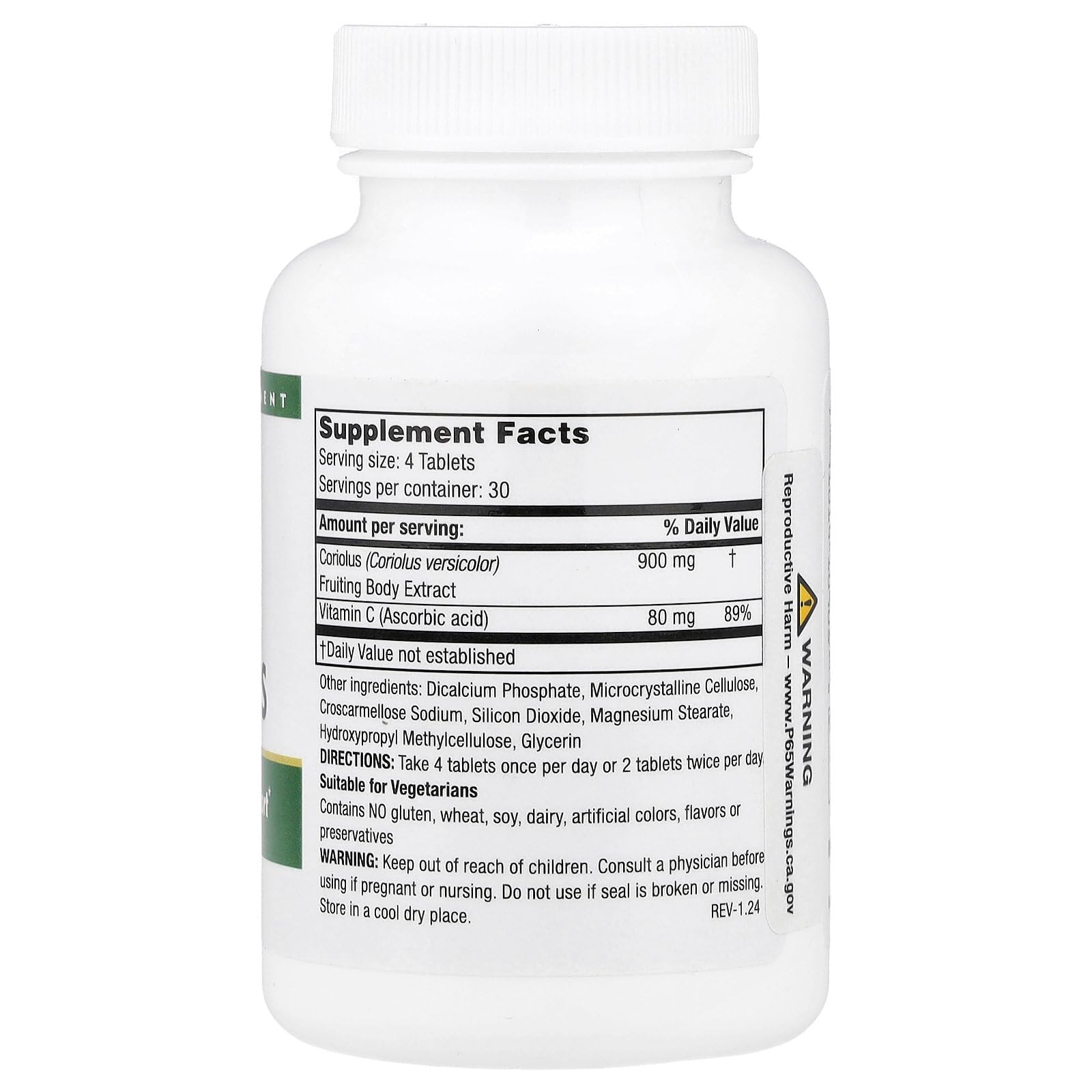 Mushroom Wisdom Super Coriolus capsules close-up, concentrated extract for immune support.