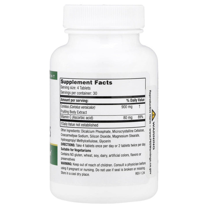 Mushroom Wisdom Super Coriolus capsules close-up, concentrated extract for immune support.