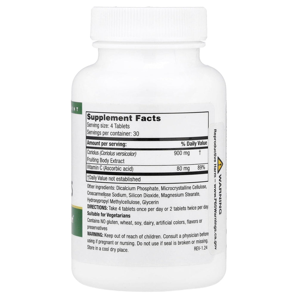 Mushroom Wisdom Super Coriolus capsules close-up, concentrated extract for immune support.