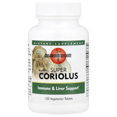 Mushroom Wisdom Super Coriolus packaging shown, supports daily immune wellness.