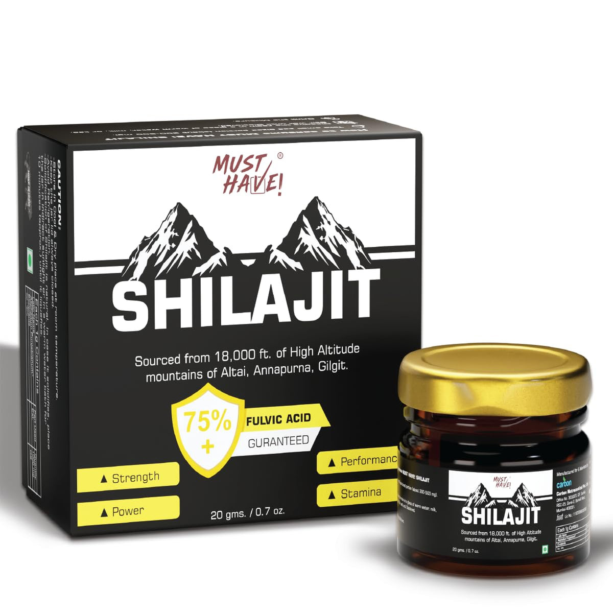 MUST HAVE! Shilajit Resin 20g jar label highlights brand credibility for daily use.