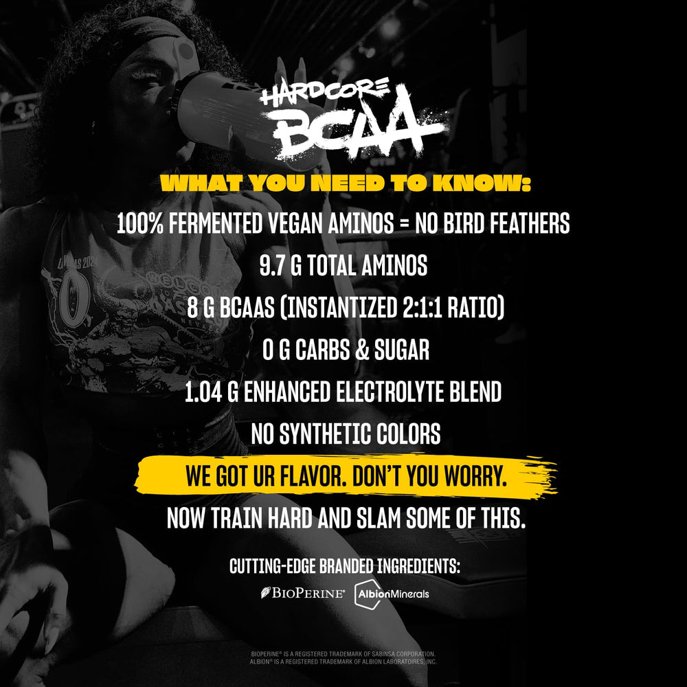 Mutant Hardcore BCAA bottle label emphasizes purity and quality.