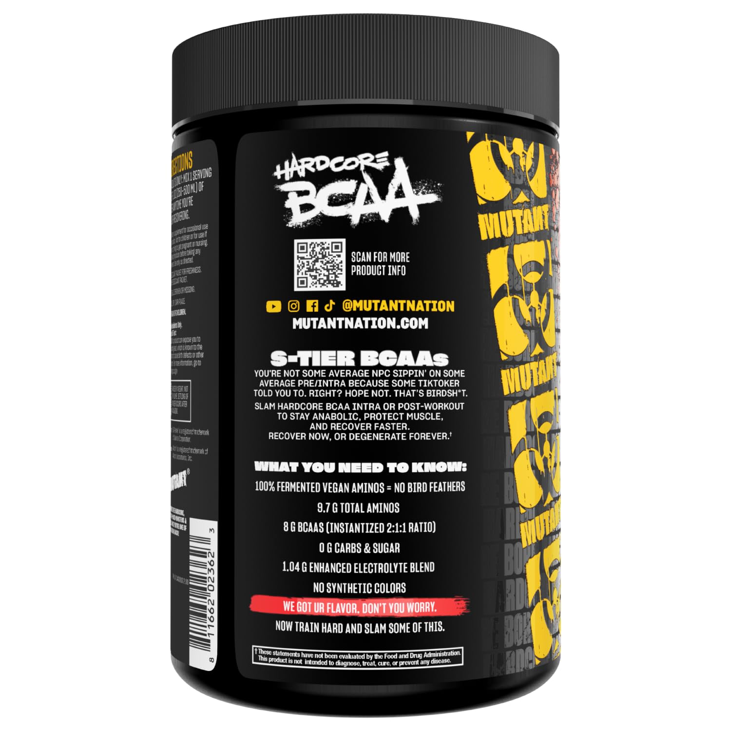 Mutant Hardcore BCAA vegan-fermented BCAA close-up on packaging.