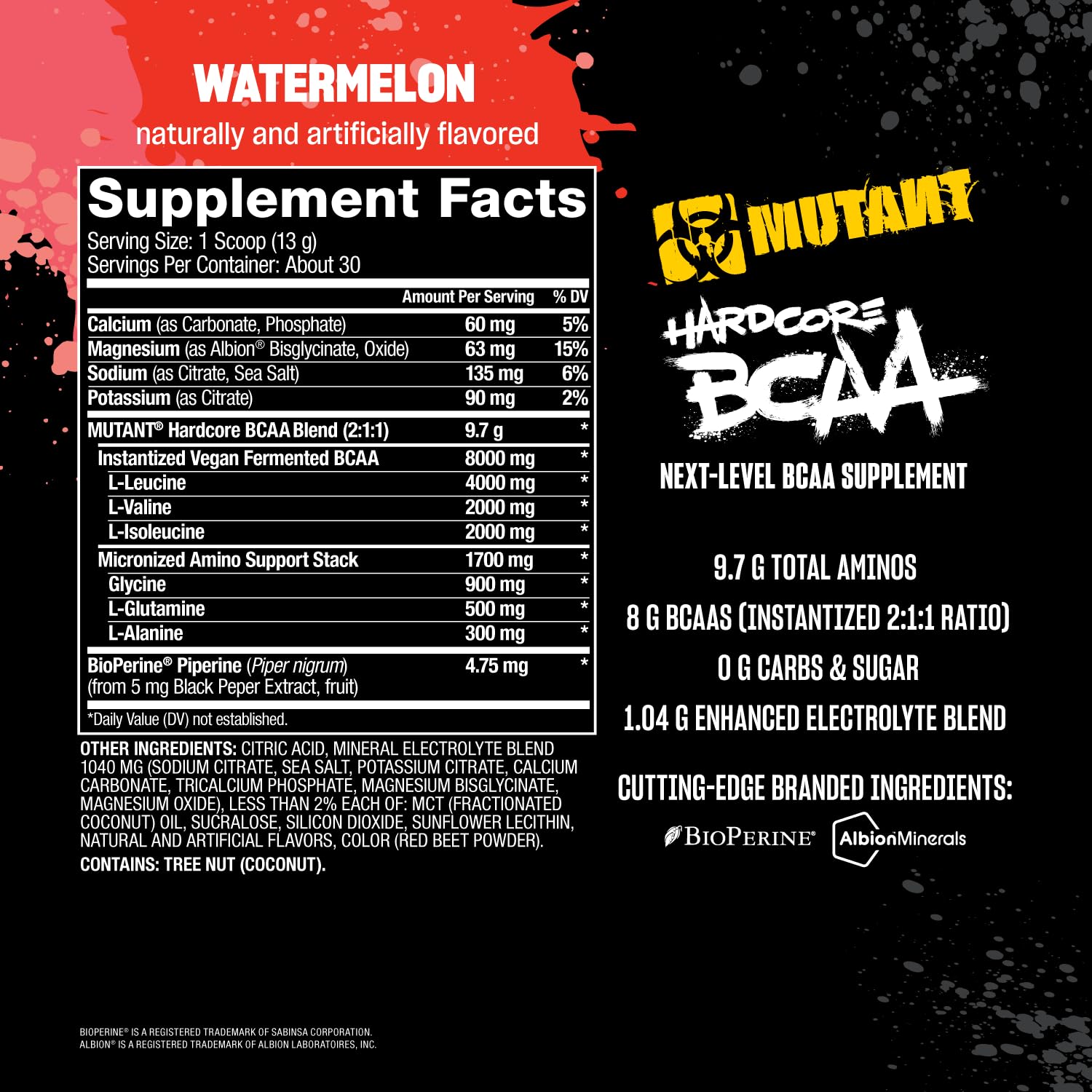 Mutant Hardcore BCAA Watermelon label closeup highlighting zero sugar and no artificial colors