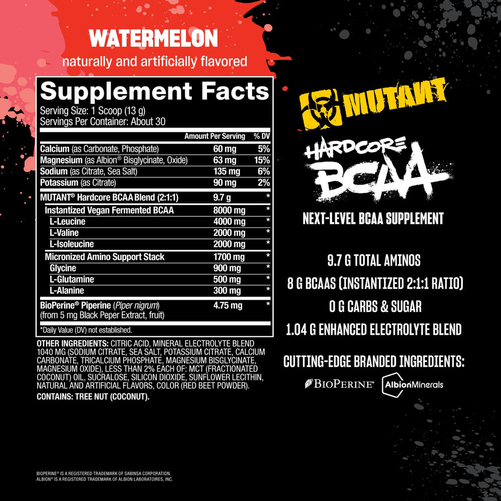 Mutant Hardcore BCAA Watermelon label closeup highlighting zero sugar and no artificial colors