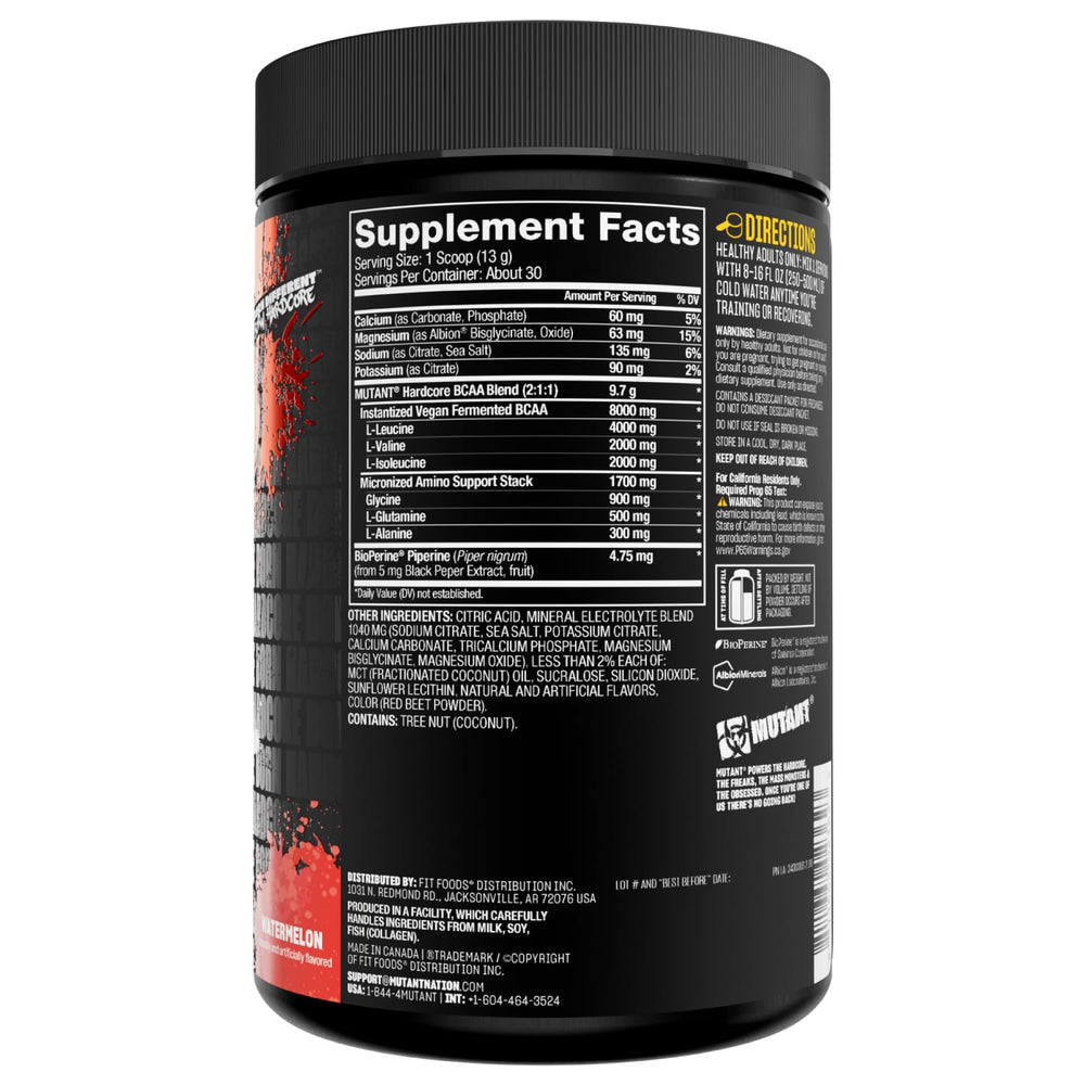 Mutant Hardcore BCAA Watermelon product in gym setting for post-workout fuel