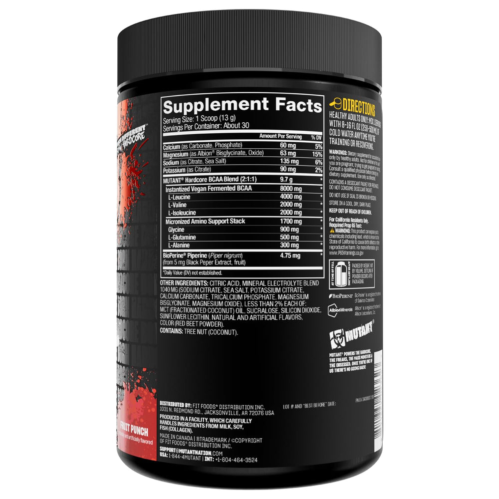 Mutant Hardcore BCAA zero sugar and carbs claim on label.