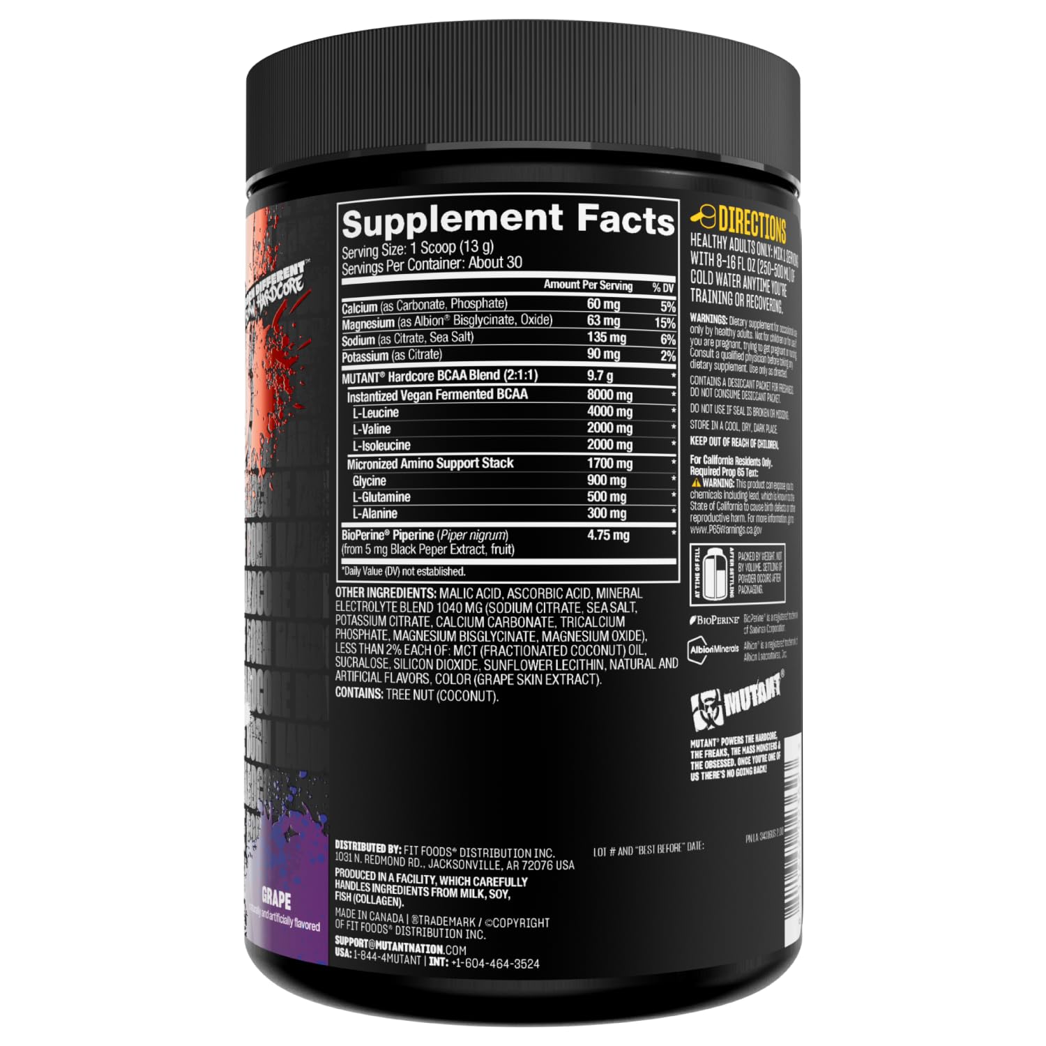 Mutant Hardcore BCAA grape flavor label highlighting zero sugar.