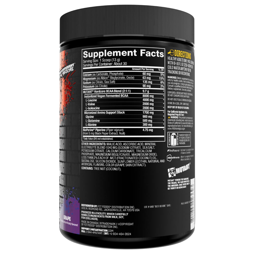 Mutant Hardcore BCAA grape flavor label highlighting zero sugar.