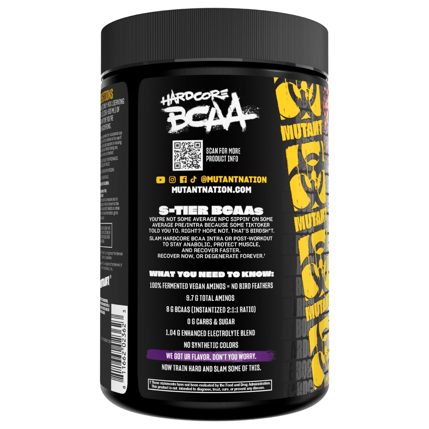 Mutant Hardcore BCAA lab tested seal indicating quality and purity.