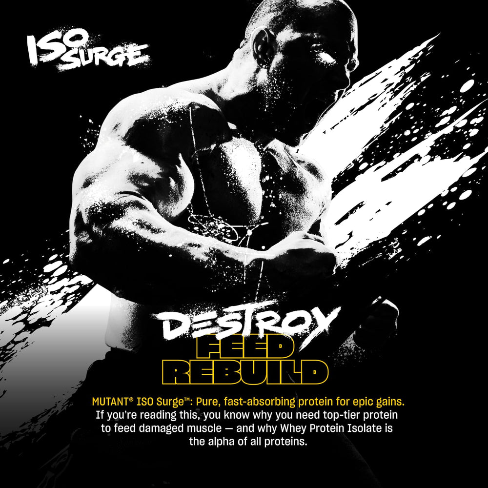 Mutant ISO Surge jar closeup highlights simple ingredients for reliable protein