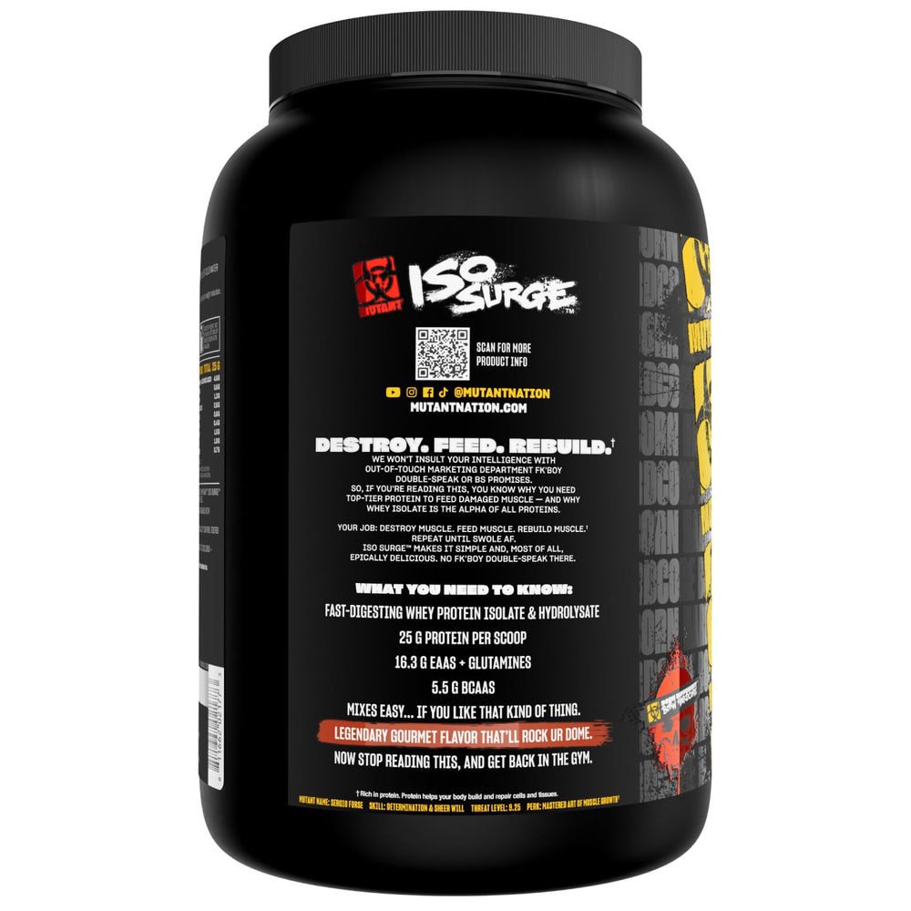 Mutant ISO Surge label design closeup showing clean branding and ingredients