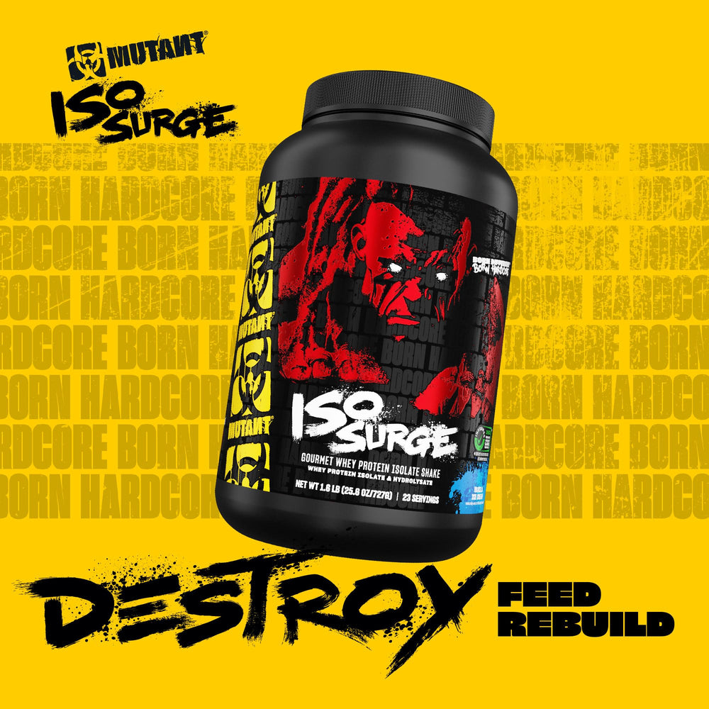 Mutant ISO Surge premium whey powder with clear ingredients graphic