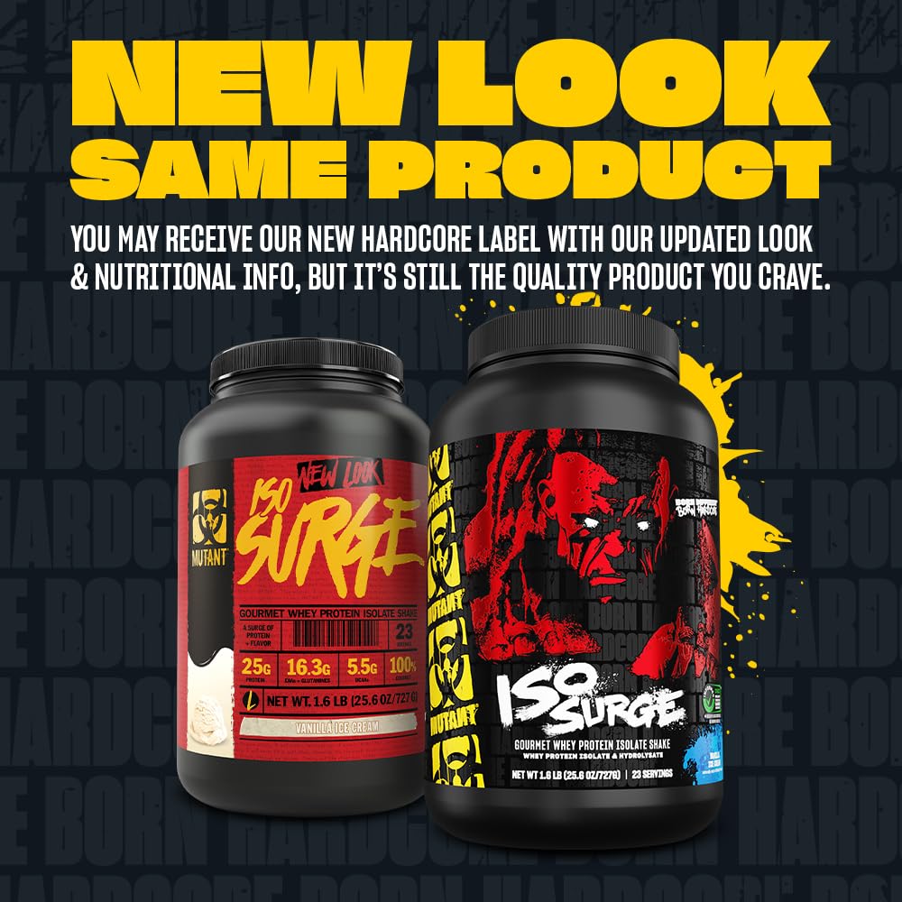 Mutant ISO Surge label shows 25g protein per scoop for muscle support