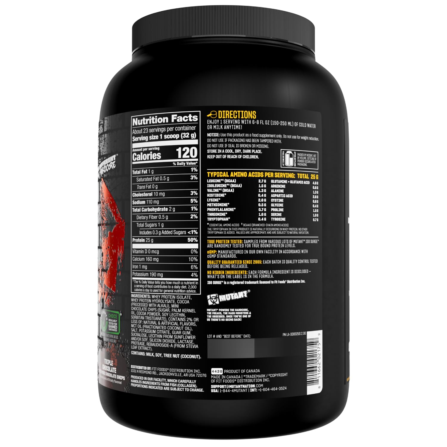Mutant ISO Surge whey tub with spoon beside a glass