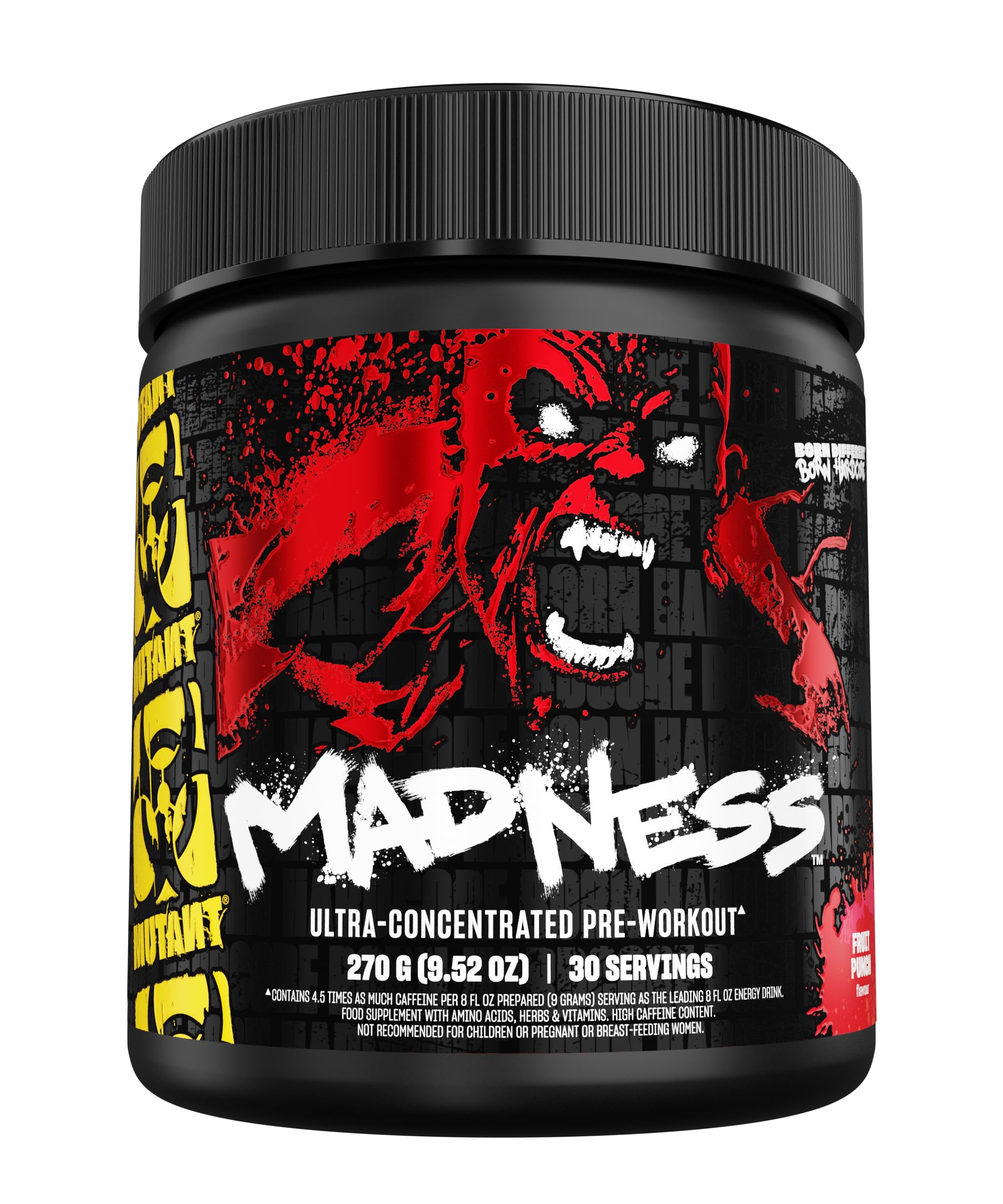 Mutant Madness tub front shows bold pre workout formula for workouts.