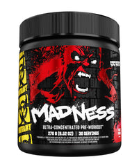 Mutant Madness tub front shows bold pre workout formula for workouts.