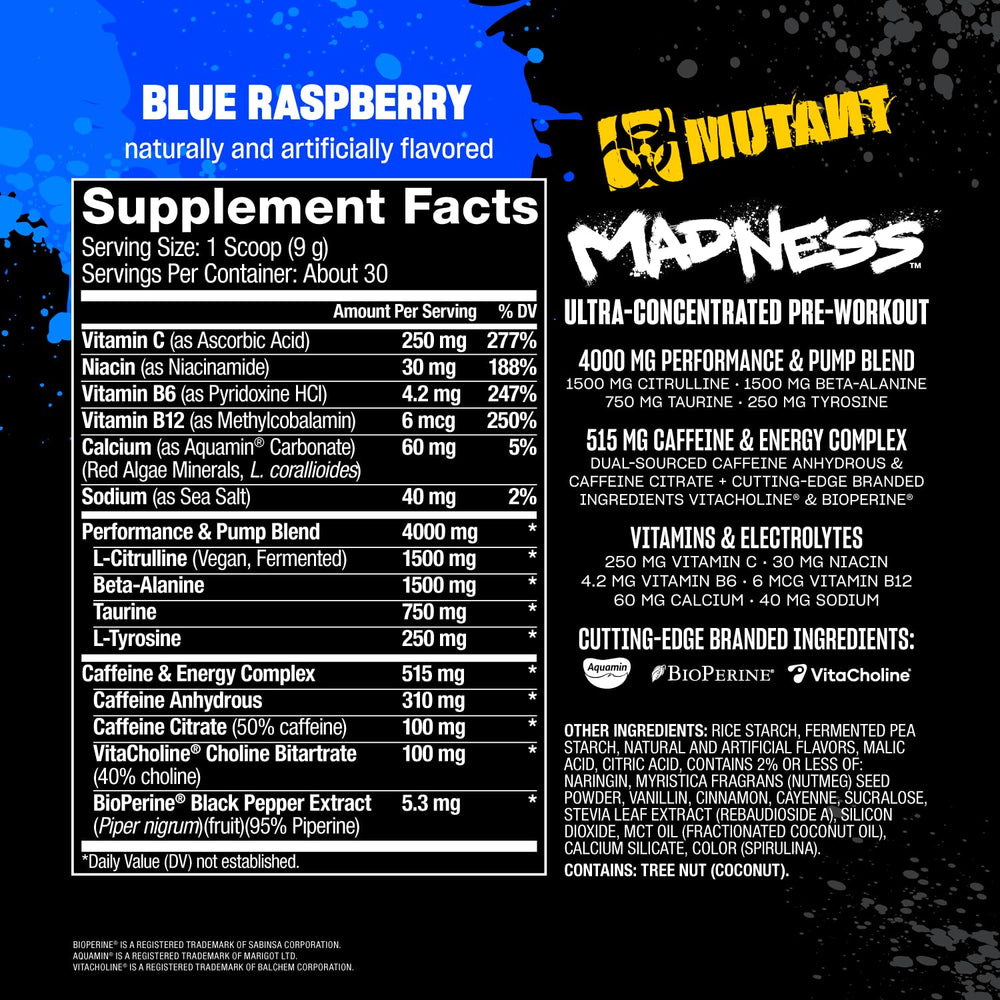 Mutant Madness tub beside a glass showing blue raspberry flavor