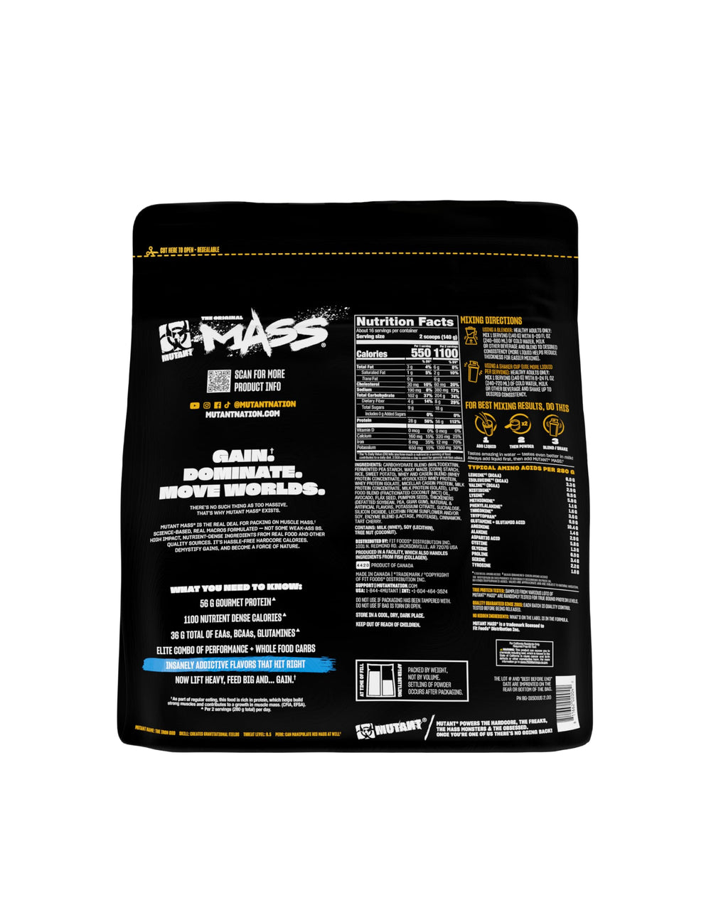 Mutant Mass calorie-per-serving graphic communicates 1100 calories