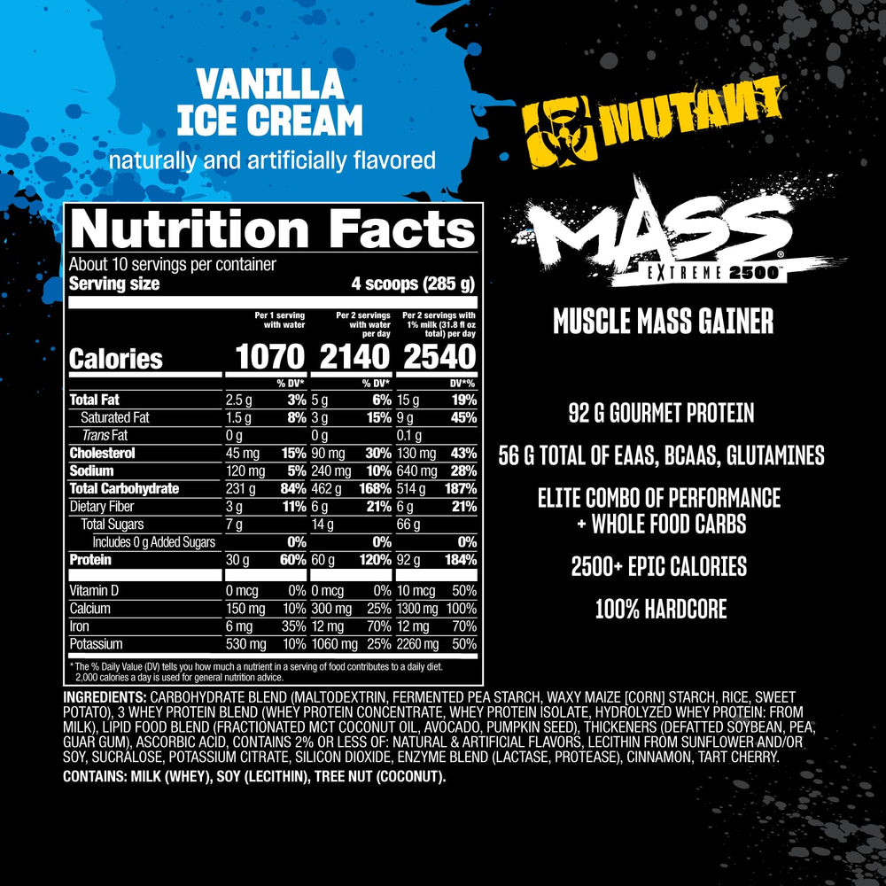 Mutant Mass Extreme Gainer 6 lb bag labeled with gourmet vanilla flavor.