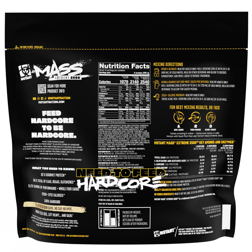 Nutrition facts panel visible on Mutant Mass packaging.