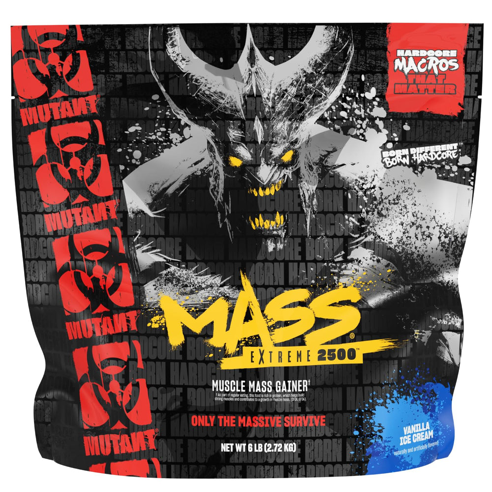 Mutant Mass Extreme Gainer vanilla packaging highlighting high-calorie formula for hard gainers.