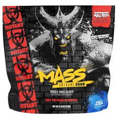 Mutant Mass Extreme Gainer vanilla packaging highlighting high-calorie formula for hard gainers.