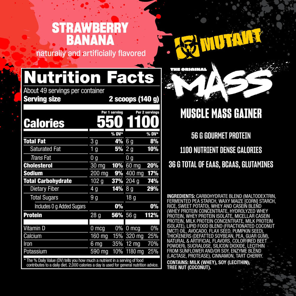 Strawberry banana Mutant Mass shake in a glass with refreshing flavor.